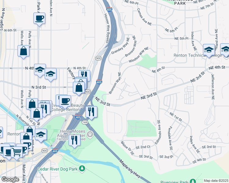 map of restaurants, bars, coffee shops, grocery stores, and more near 320 Bronson Way Northeast in Renton