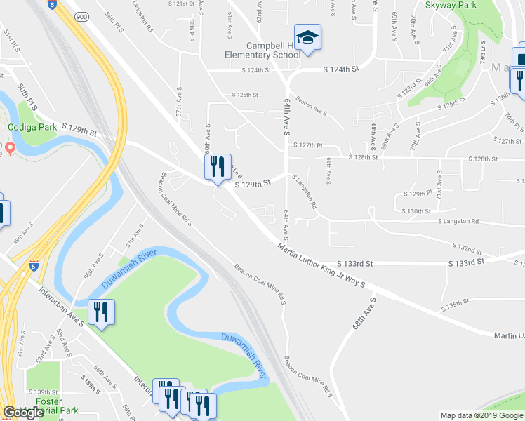 map of restaurants, bars, coffee shops, grocery stores, and more near 13000 Martin Luther King Junior Way South in Seattle