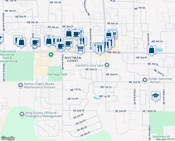 map of restaurants, bars, coffee shops, grocery stores, and more near 264 Anacortes Place Northeast in Renton