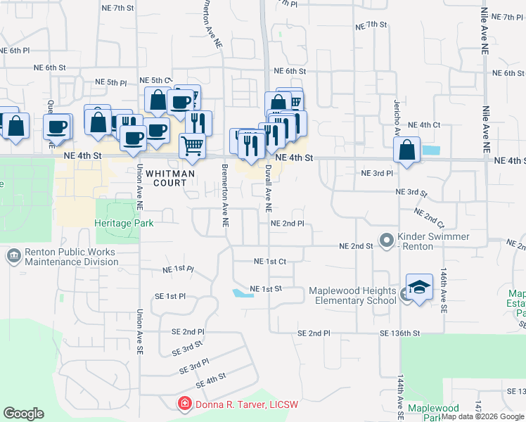 map of restaurants, bars, coffee shops, grocery stores, and more near 4660 Northeast 3rd Court in Renton