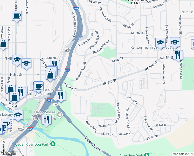 map of restaurants, bars, coffee shops, grocery stores, and more near 300 Vuemont Place Northeast in Renton