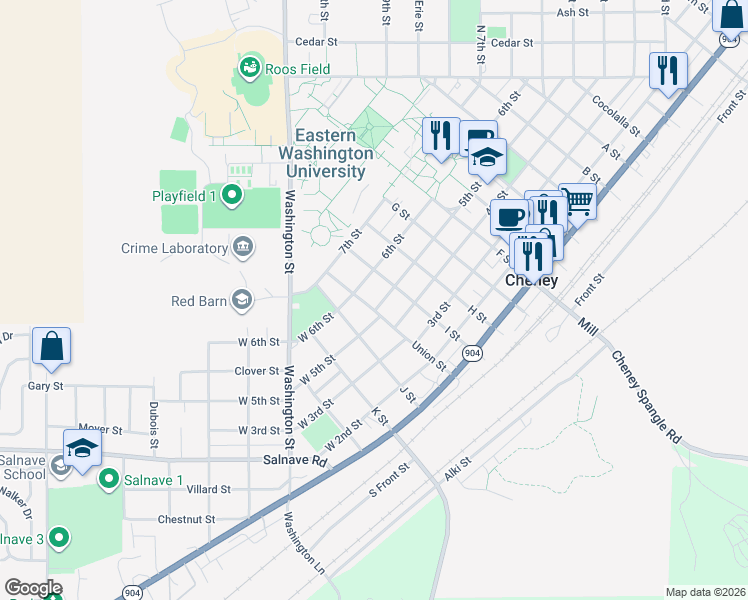 map of restaurants, bars, coffee shops, grocery stores, and more near 505 I Street in Cheney