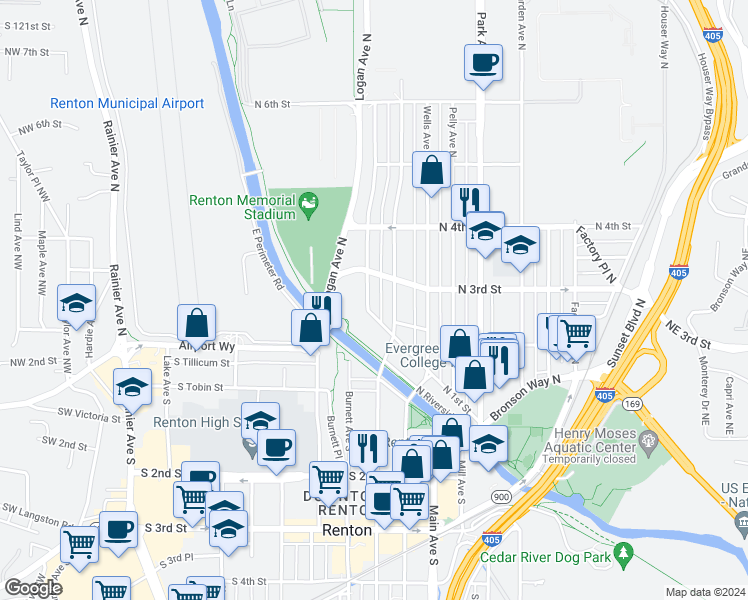 map of restaurants, bars, coffee shops, grocery stores, and more near 210 Burnett Avenue North in Renton