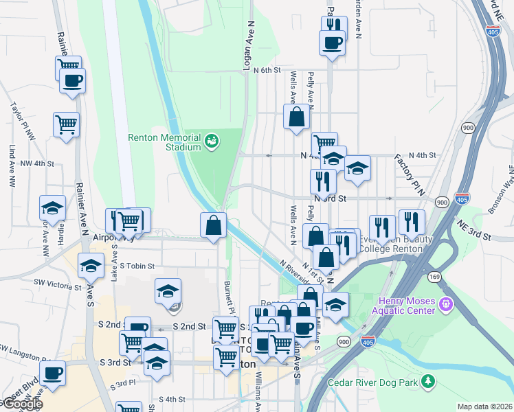map of restaurants, bars, coffee shops, grocery stores, and more near 230 Burnett Avenue North in Renton