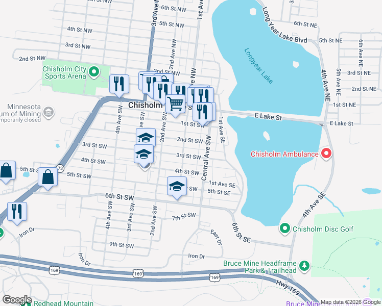 map of restaurants, bars, coffee shops, grocery stores, and more near 19 2nd Street Southwest in Chisholm