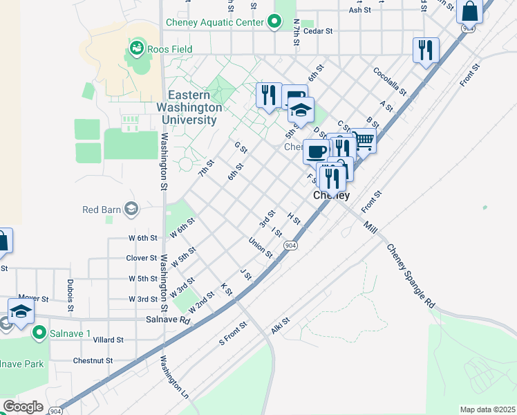 map of restaurants, bars, coffee shops, grocery stores, and more near 118 4th Street in Cheney