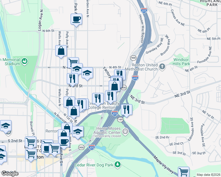 map of restaurants, bars, coffee shops, grocery stores, and more near 1510 North 3rd Street in Renton