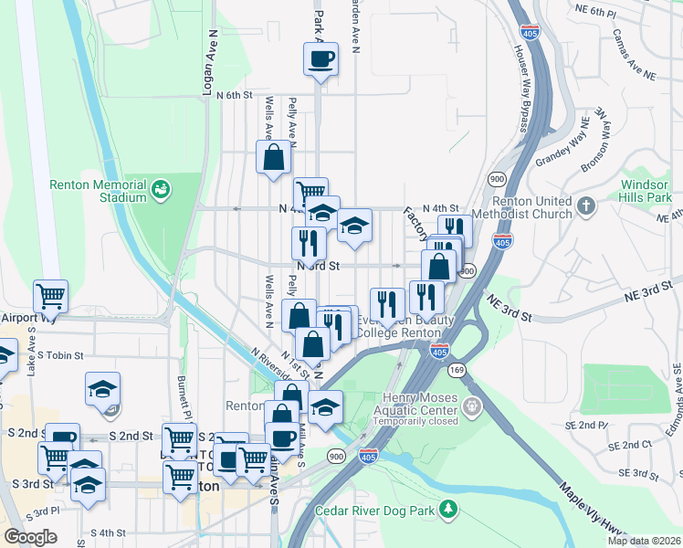 map of restaurants, bars, coffee shops, grocery stores, and more near 303 Garden Avenue North in Renton