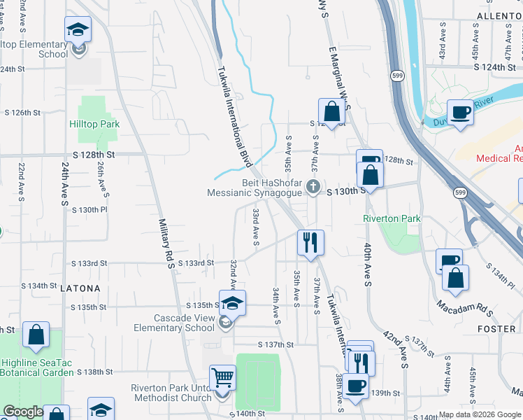 map of restaurants, bars, coffee shops, grocery stores, and more near 3226 South 130th Street in Tukwila