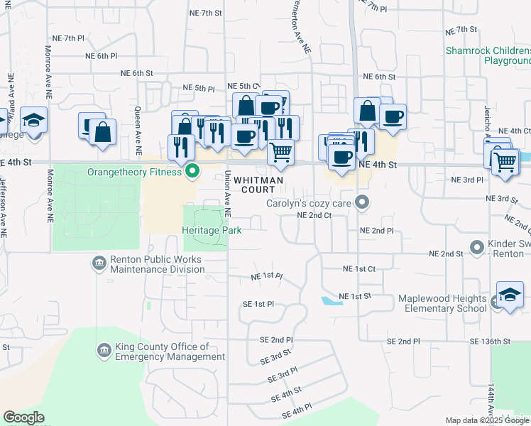 map of restaurants, bars, coffee shops, grocery stores, and more near 4302 Northeast 3rd Street in Renton