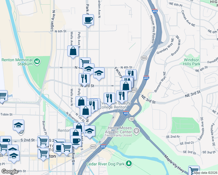 map of restaurants, bars, coffee shops, grocery stores, and more near 1421 North 3rd Street in Renton