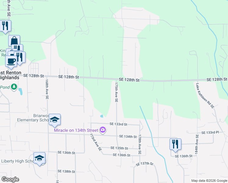 map of restaurants, bars, coffee shops, grocery stores, and more near 12817 175th Avenue Southeast in Renton