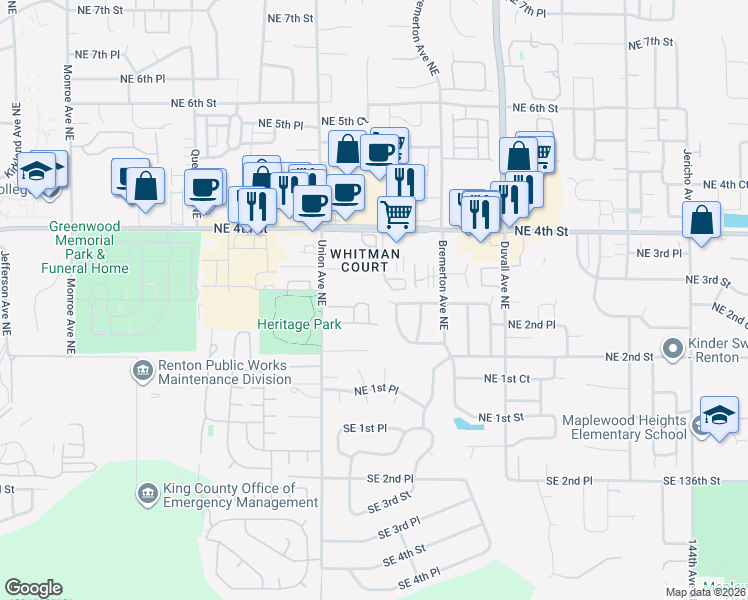 map of restaurants, bars, coffee shops, grocery stores, and more near 4302 Northeast 3rd Street in Renton