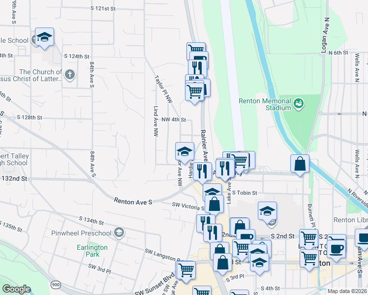map of restaurants, bars, coffee shops, grocery stores, and more near 115 Northwest 3rd Place in Renton