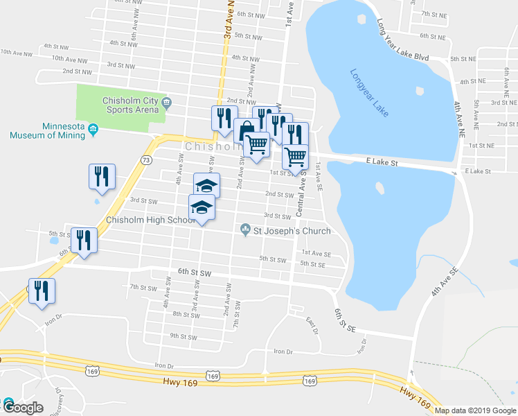 map of restaurants, bars, coffee shops, grocery stores, and more near 108 3rd Street Southwest in Chisholm