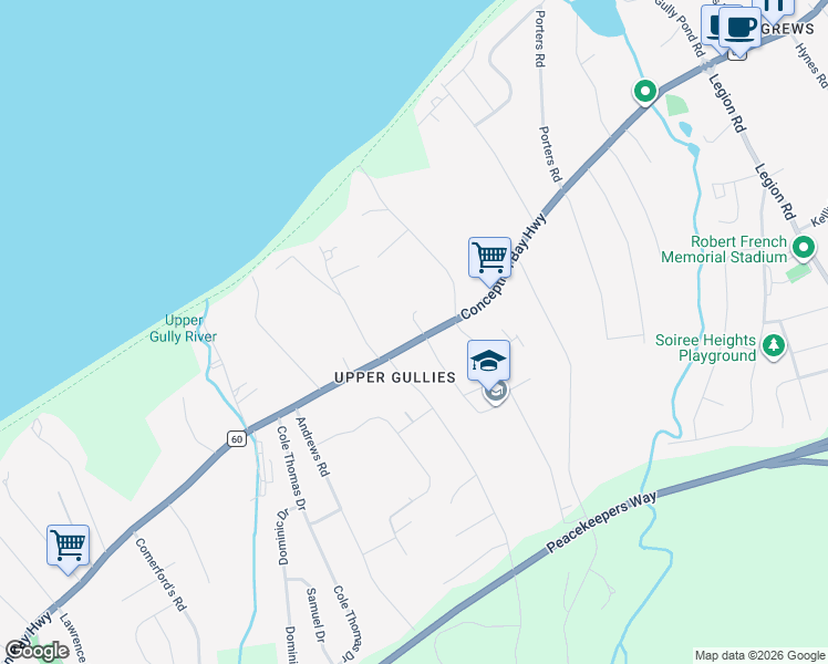 map of restaurants, bars, coffee shops, grocery stores, and more near 1076 Conception Bay Highway in Conception Bay South