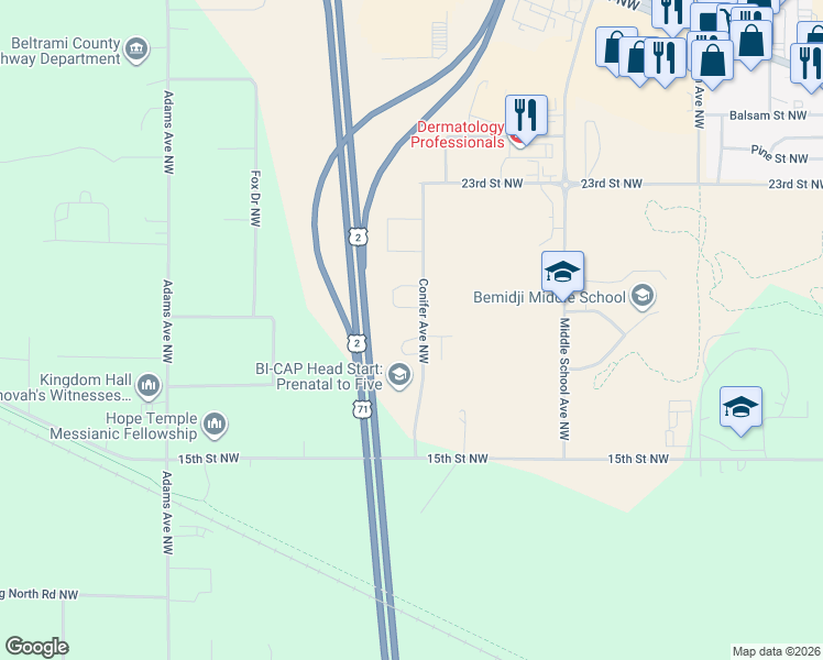 map of restaurants, bars, coffee shops, grocery stores, and more near 2524 Phoenix Loop Northwest in Bemidji