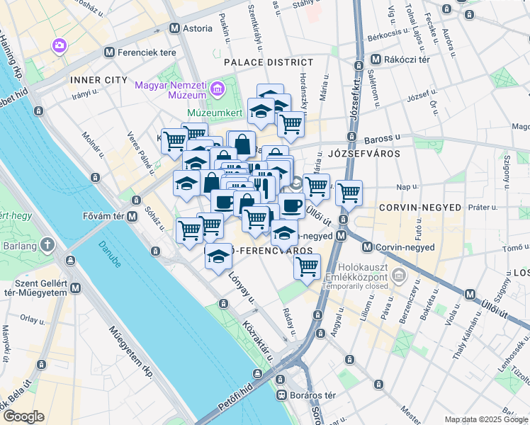 map of restaurants, bars, coffee shops, grocery stores, and more near in Budapest