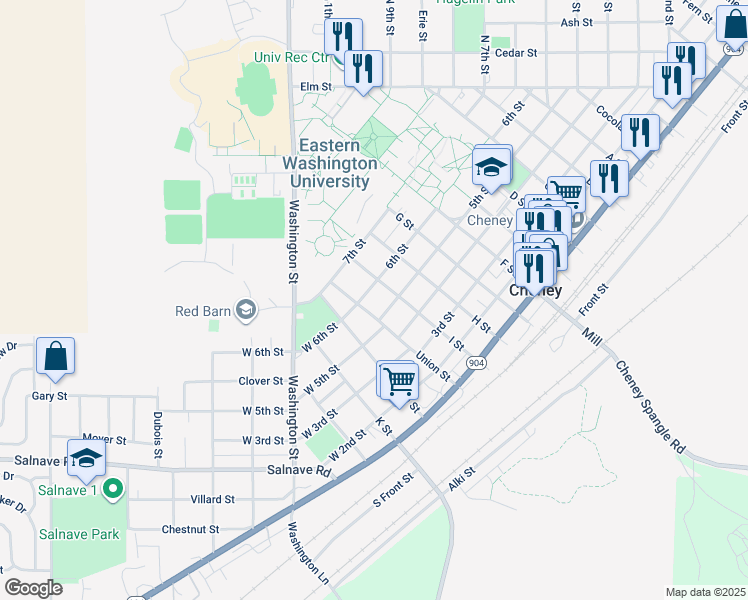 map of restaurants, bars, coffee shops, grocery stores, and more near 14 6th Street in Cheney