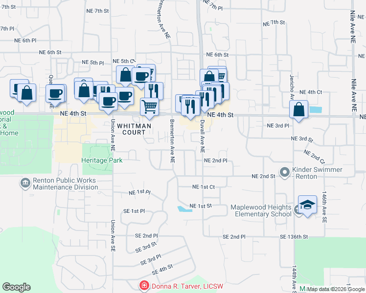 map of restaurants, bars, coffee shops, grocery stores, and more near 310 Bremerton Avenue Northeast in Renton