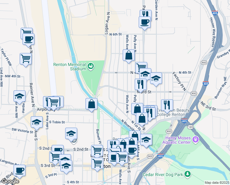 map of restaurants, bars, coffee shops, grocery stores, and more near 230 Burnett Avenue North in Renton