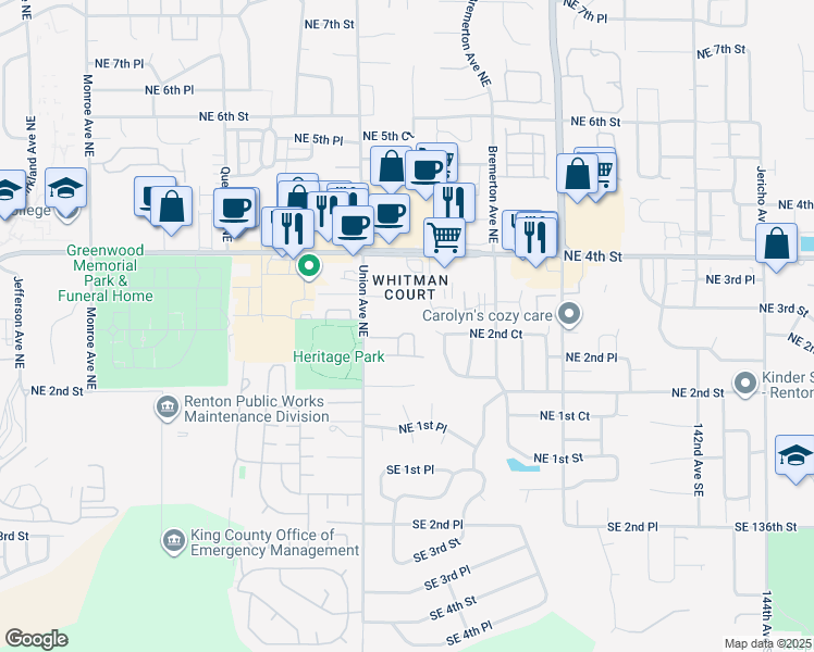 map of restaurants, bars, coffee shops, grocery stores, and more near 4230 Northeast 2nd Court in Renton