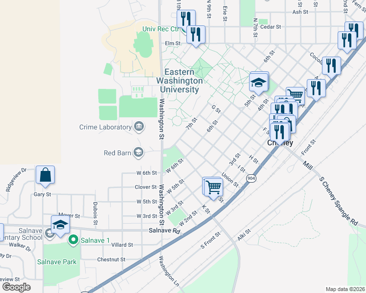 map of restaurants, bars, coffee shops, grocery stores, and more near 628 Union Street in Cheney