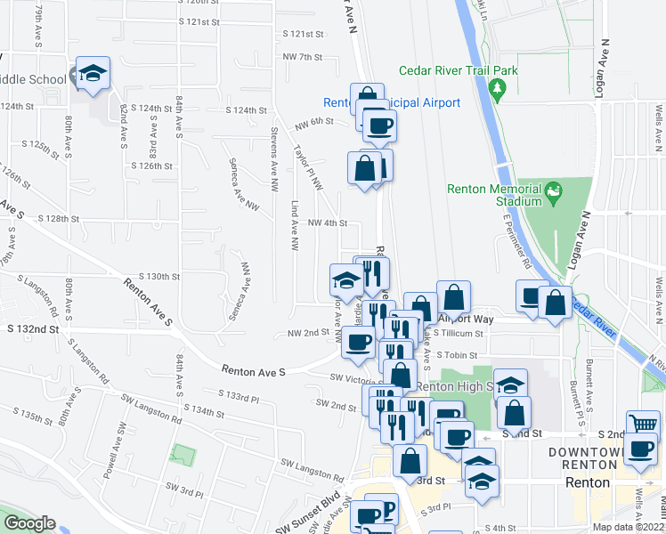 map of restaurants, bars, coffee shops, grocery stores, and more near 115 Northwest 3rd Place in Renton