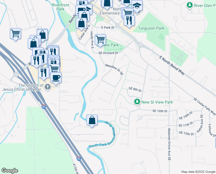 map of restaurants, bars, coffee shops, grocery stores, and more near 449 Maple Drive Southeast in North Bend