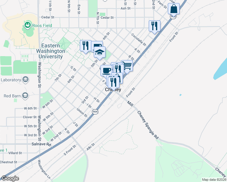 map of restaurants, bars, coffee shops, grocery stores, and more near 30 F Street in Cheney