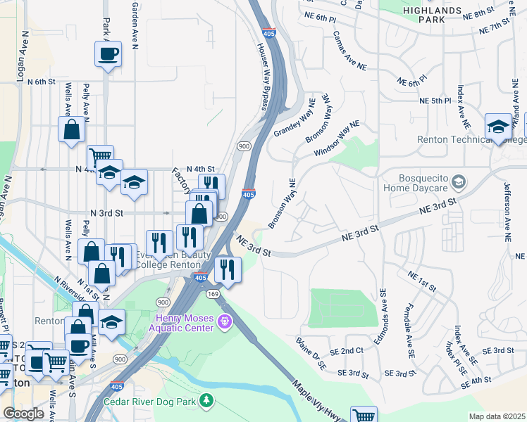 map of restaurants, bars, coffee shops, grocery stores, and more near 275 Bronson Way Northeast in Renton
