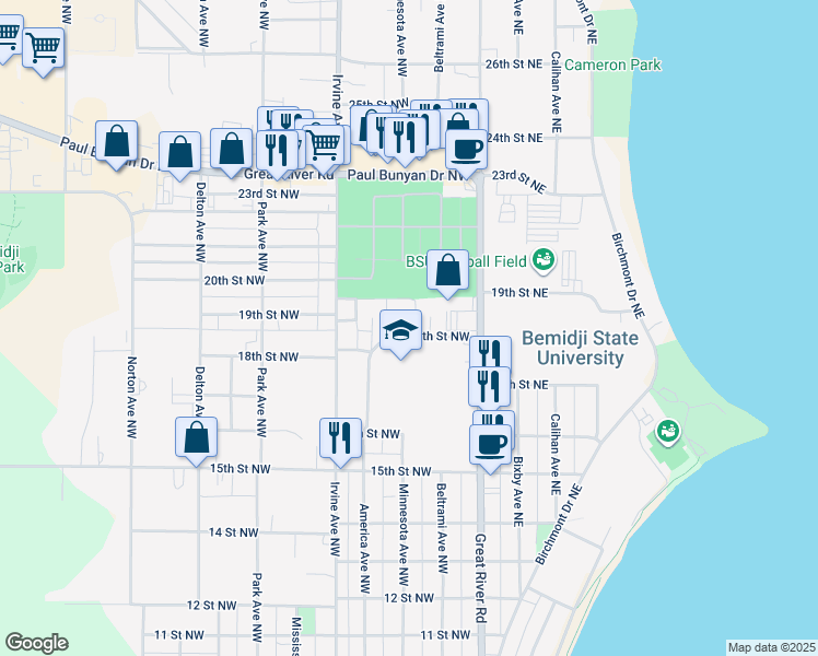 map of restaurants, bars, coffee shops, grocery stores, and more near 1804 Minnesota Court Northwest in Bemidji