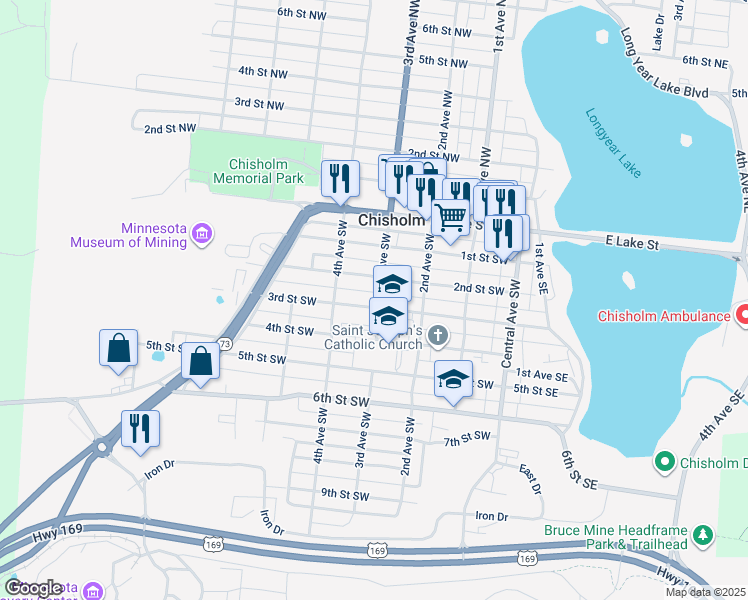 map of restaurants, bars, coffee shops, grocery stores, and more near 300 3rd Street Southwest in Chisholm