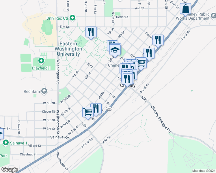 map of restaurants, bars, coffee shops, grocery stores, and more near 218 3rd Street in Cheney