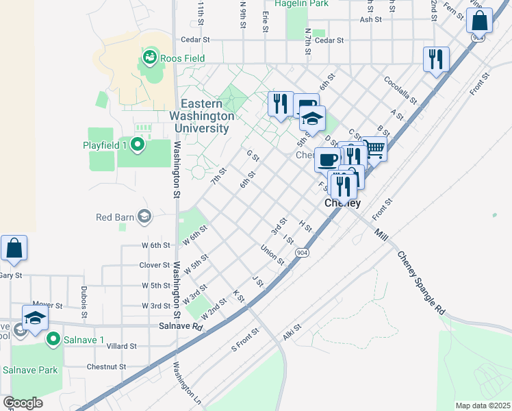 map of restaurants, bars, coffee shops, grocery stores, and more near 505 I Street in Cheney