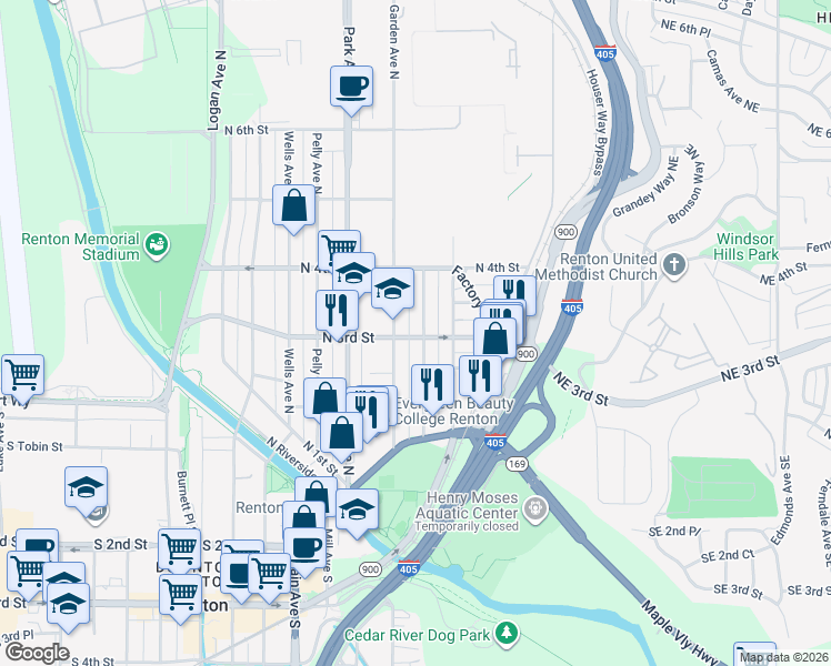 map of restaurants, bars, coffee shops, grocery stores, and more near 310 Meadow Avenue North in Renton