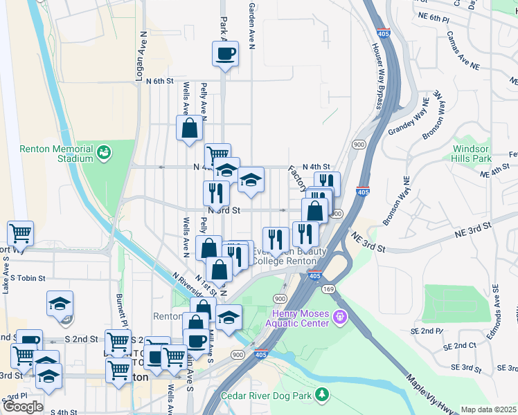 map of restaurants, bars, coffee shops, grocery stores, and more near 303 Garden Avenue North in Renton