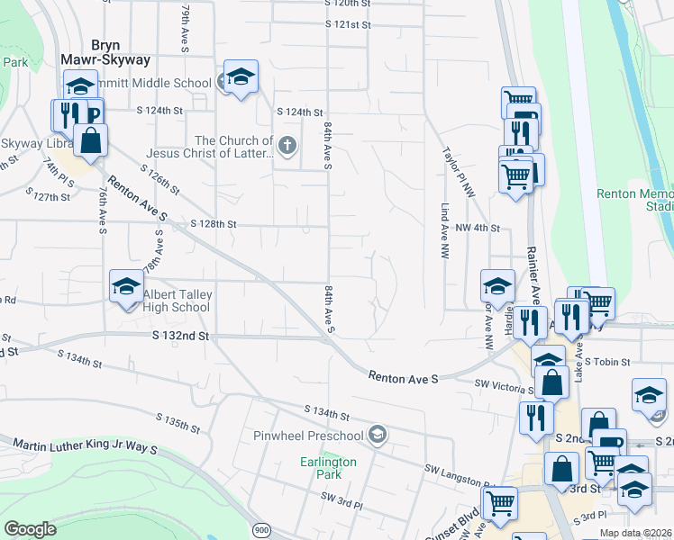 map of restaurants, bars, coffee shops, grocery stores, and more near 12832 84th Avenue South in Seattle