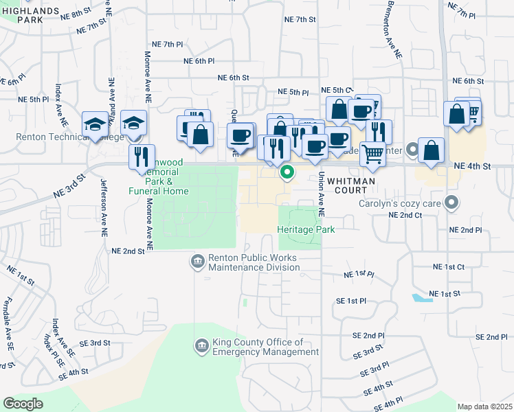 map of restaurants, bars, coffee shops, grocery stores, and more near 3815 Northeast 4th Street in Renton