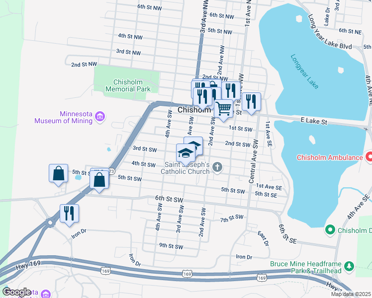 map of restaurants, bars, coffee shops, grocery stores, and more near 300 3rd Street Southwest in Chisholm