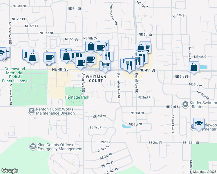 map of restaurants, bars, coffee shops, grocery stores, and more near 309 Anacortes Place Northeast in Renton