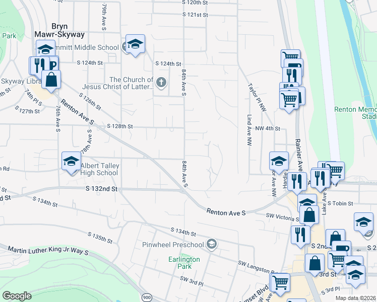 map of restaurants, bars, coffee shops, grocery stores, and more near 12832 84th Avenue South in Seattle