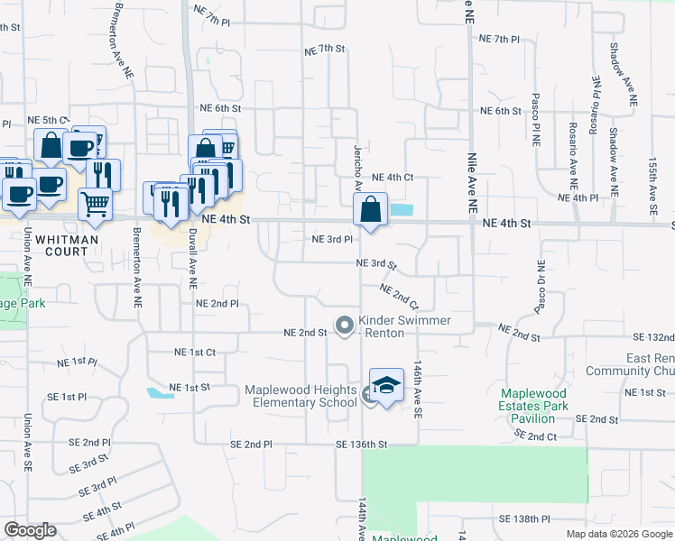 map of restaurants, bars, coffee shops, grocery stores, and more near 5203 Northeast 3rd Street in Renton