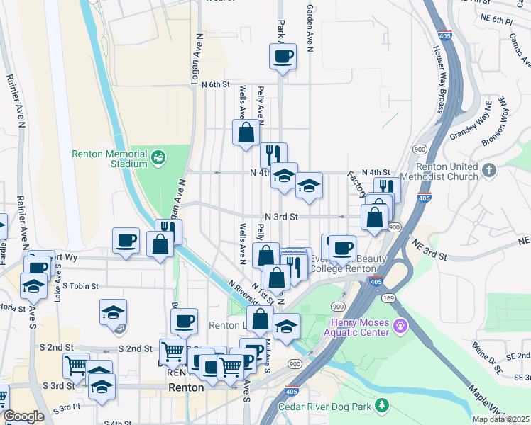map of restaurants, bars, coffee shops, grocery stores, and more near 305 Pelly Avenue North in Renton