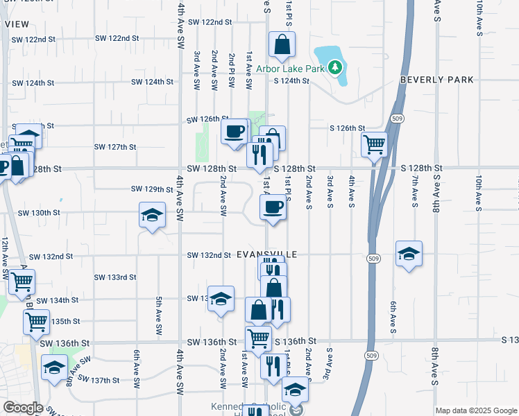 map of restaurants, bars, coffee shops, grocery stores, and more near 12851 1st Avenue South in Burien