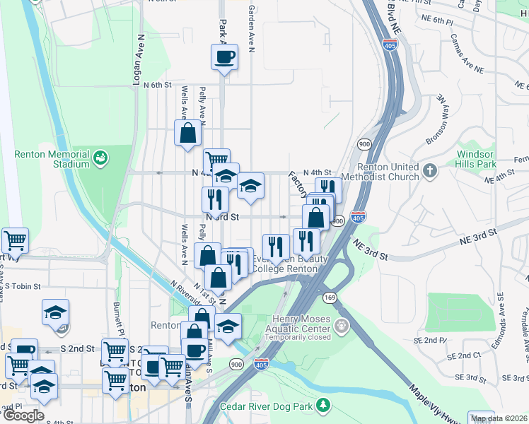 map of restaurants, bars, coffee shops, grocery stores, and more near 310 Meadow Avenue North in Renton