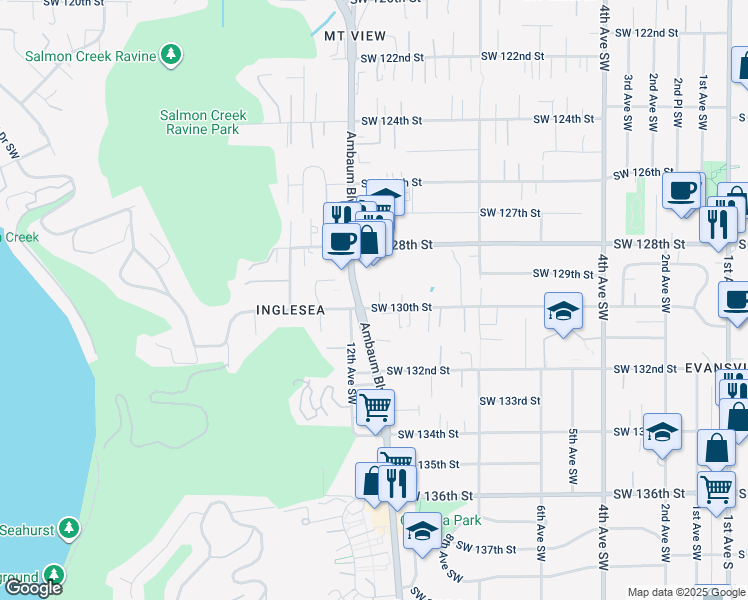 map of restaurants, bars, coffee shops, grocery stores, and more near 1096 Southwest 130th Street in Burien