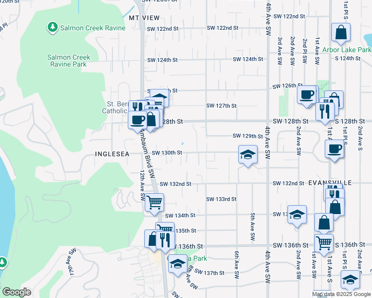 map of restaurants, bars, coffee shops, grocery stores, and more near 918 Southwest 130th Street in Burien
