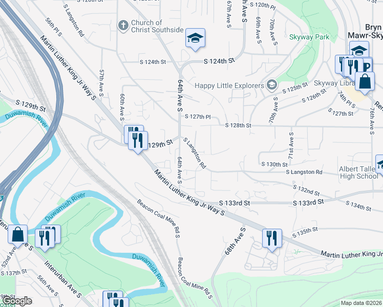 map of restaurants, bars, coffee shops, grocery stores, and more near 6432 South Langston Road in Seattle