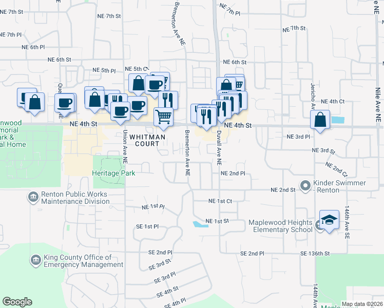 map of restaurants, bars, coffee shops, grocery stores, and more near 310 Bremerton Avenue Northeast in Renton